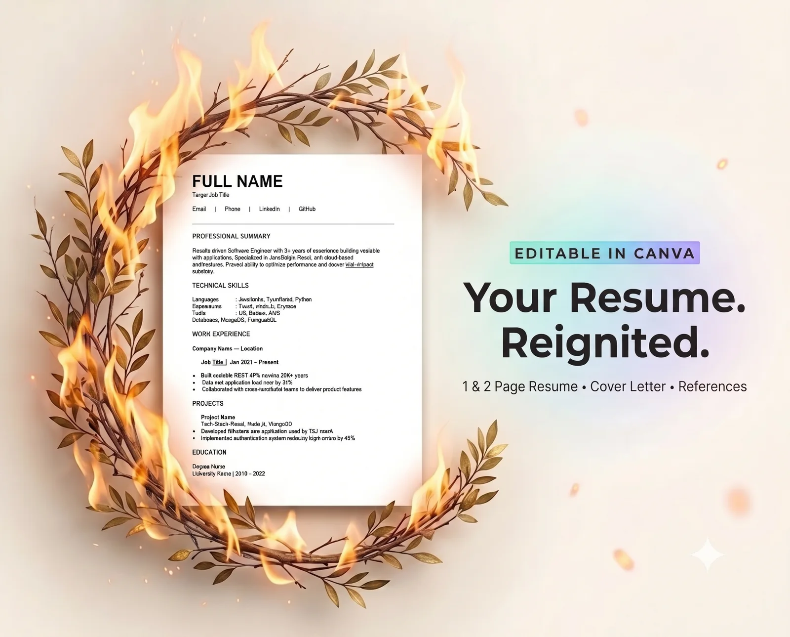 Canva resume template listing showing an editable one-page resume, cover letter and references system