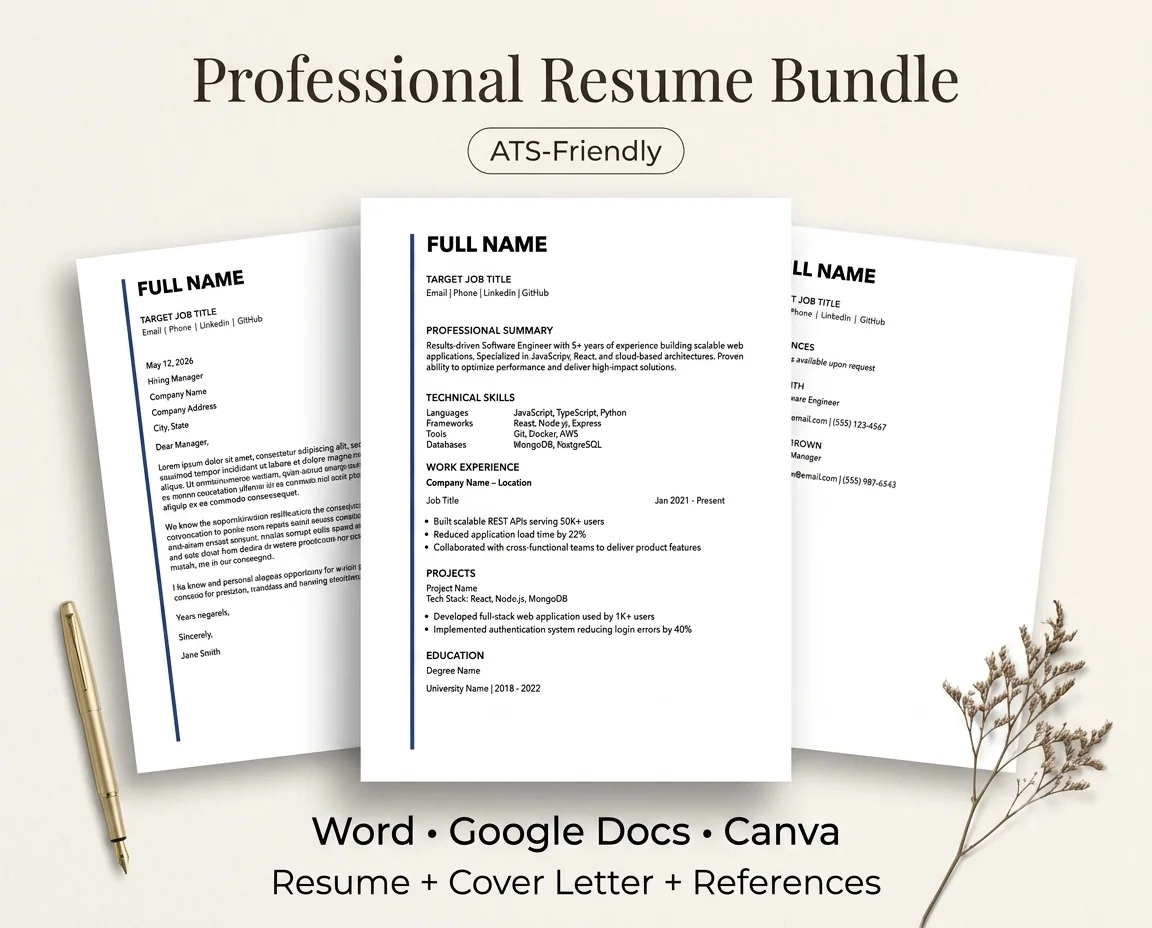 Complete resume bundle available in Word, Google Docs and Canva formats