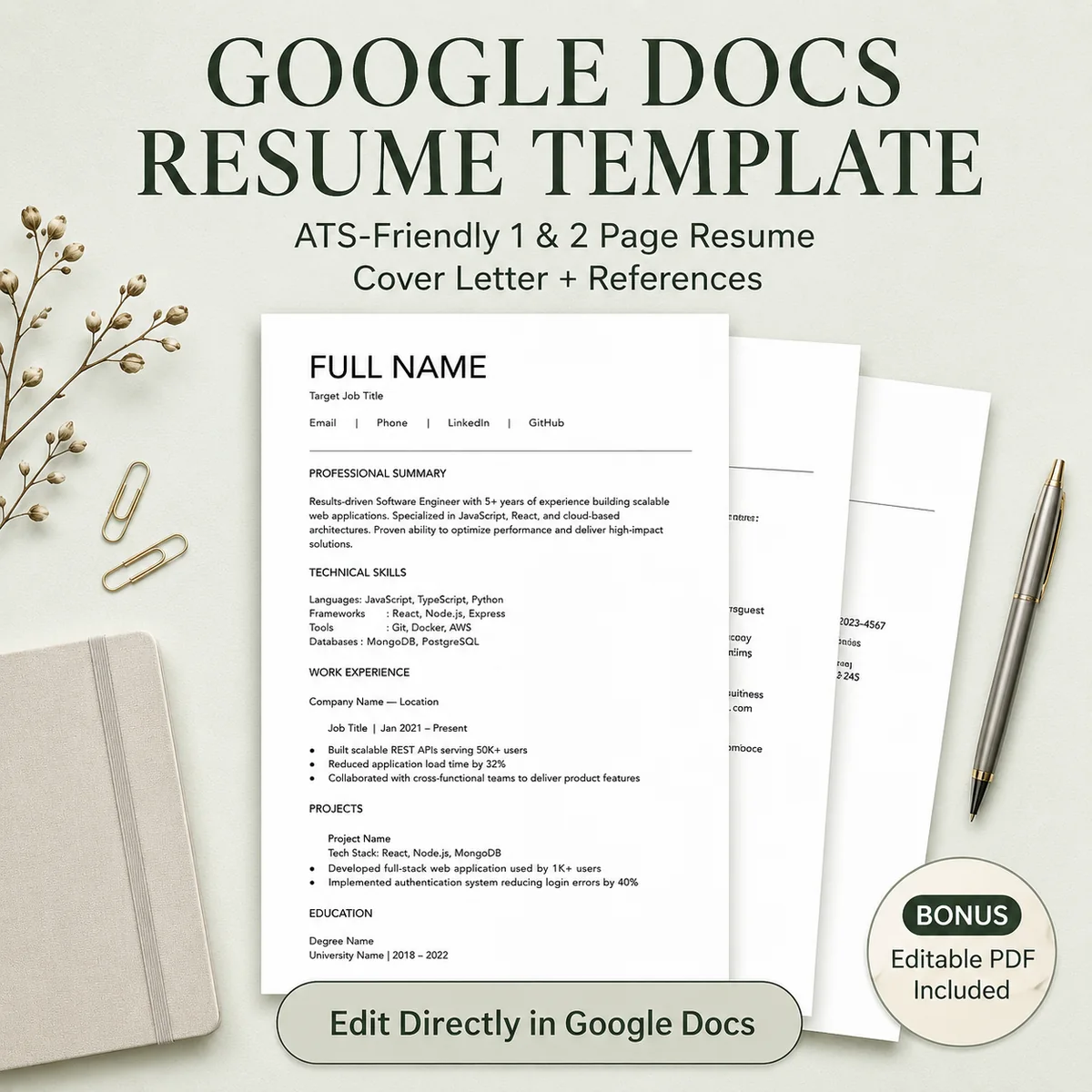 Google Docs resume template listing showing one-page and two-page resumes, cover letter and references