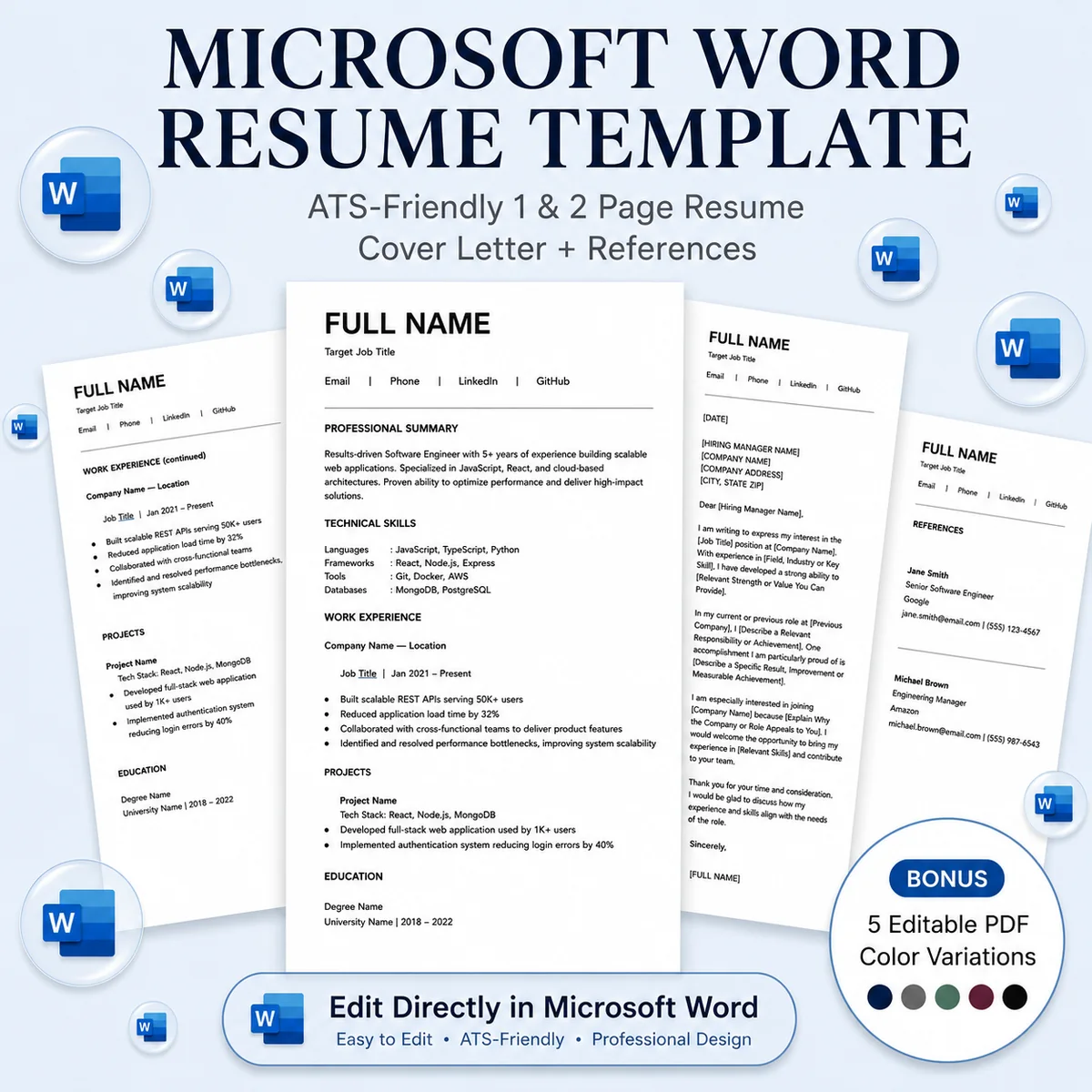 Microsoft Word resume template listing showing editable resume, cover letter and references documents