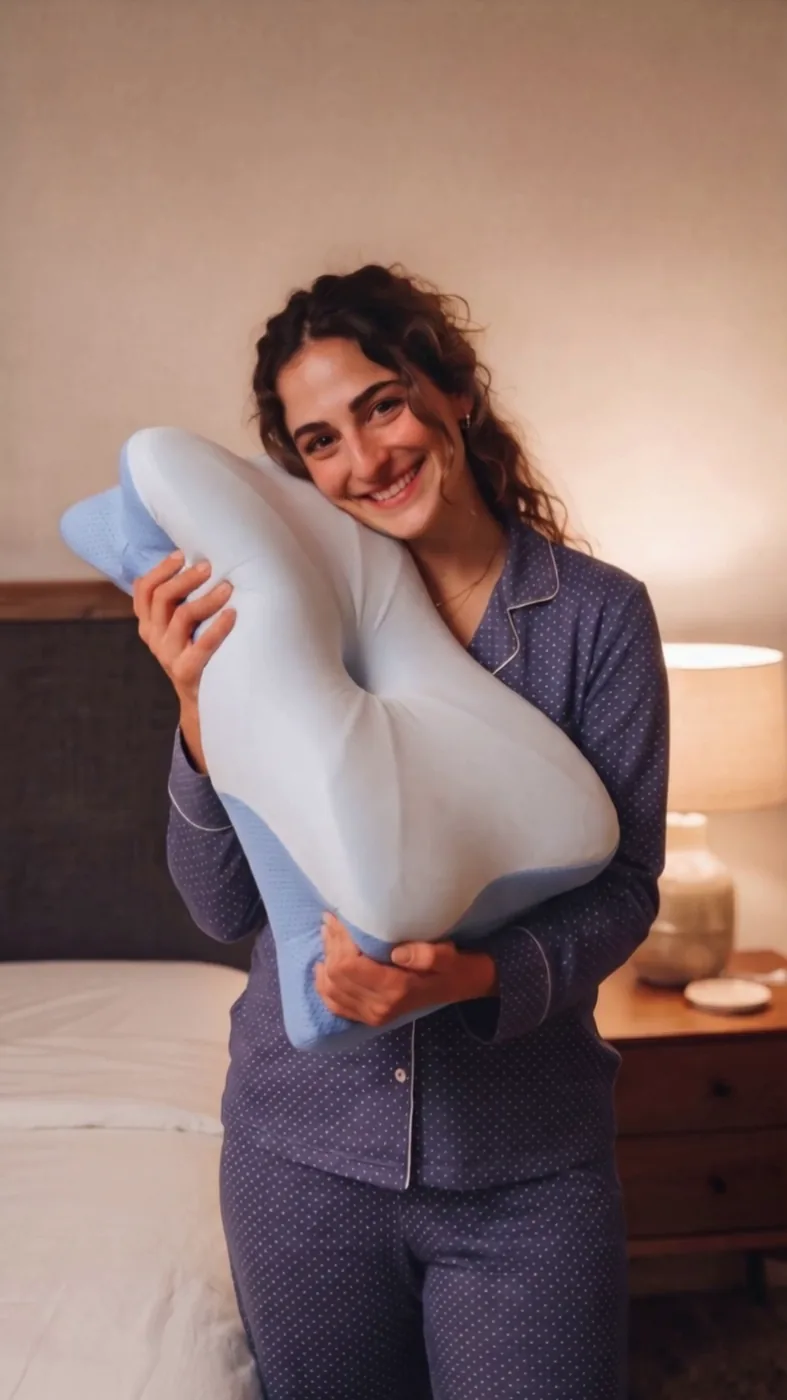 A smiling woman in pyjamas hugging the Derila Ergo pillow