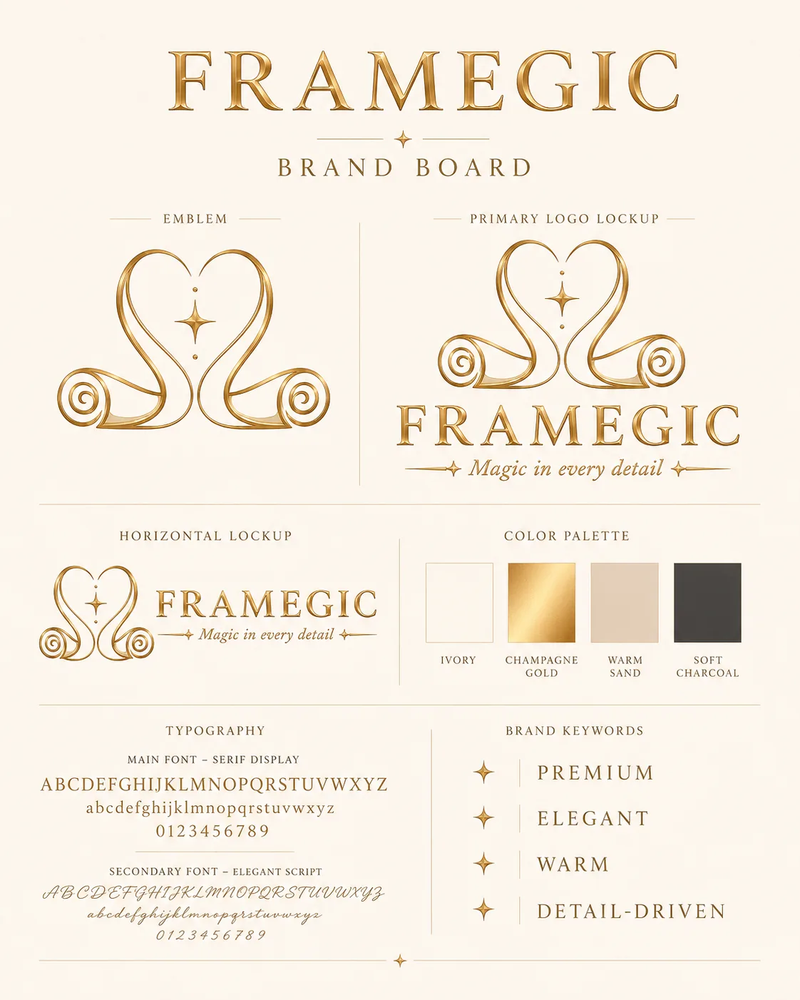 The Framegic brand board in champagne gold on ivory