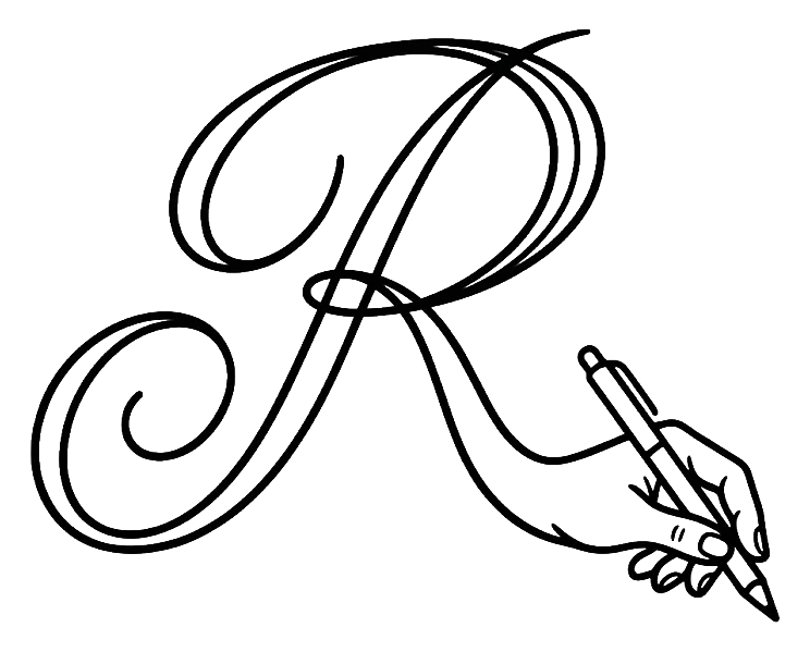 A calligraphic R drawn in one line, ending in a hand holding a pen