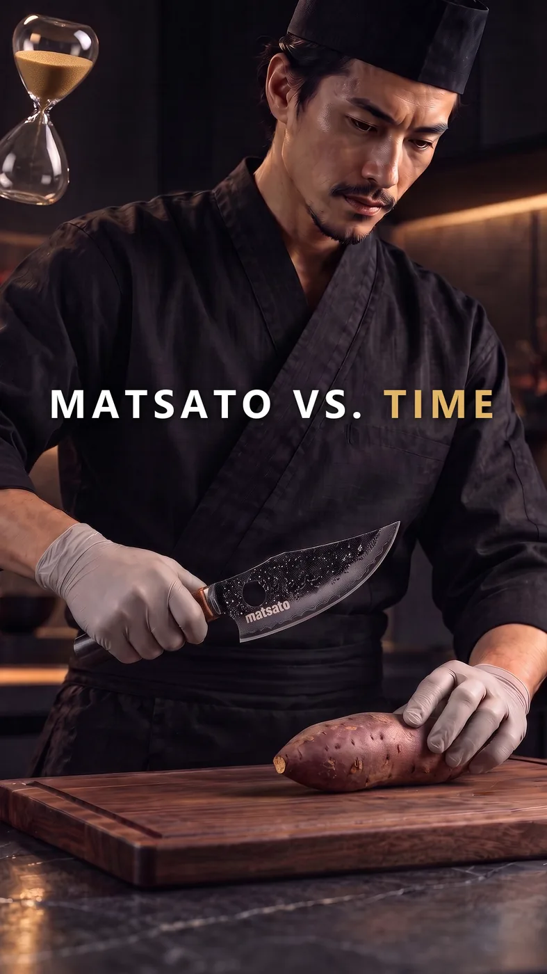 A chef in a dark kitchen beside an hourglass, under the title Matsato vs. Time
