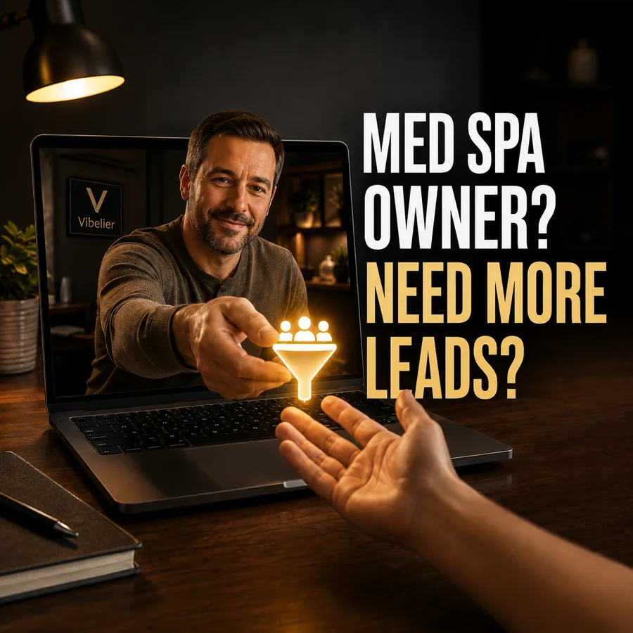 Ad: Med Spa Owner? Need more leads?, a man handing a glowing lead funnel out of a laptop