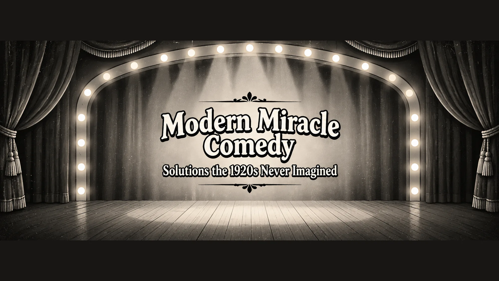 A vintage stage with the title Modern Miracle Comedy