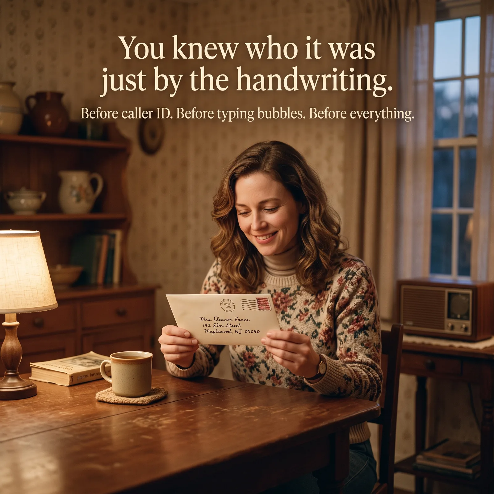 A woman reading a handwritten letter, from the Snail Mail campaign