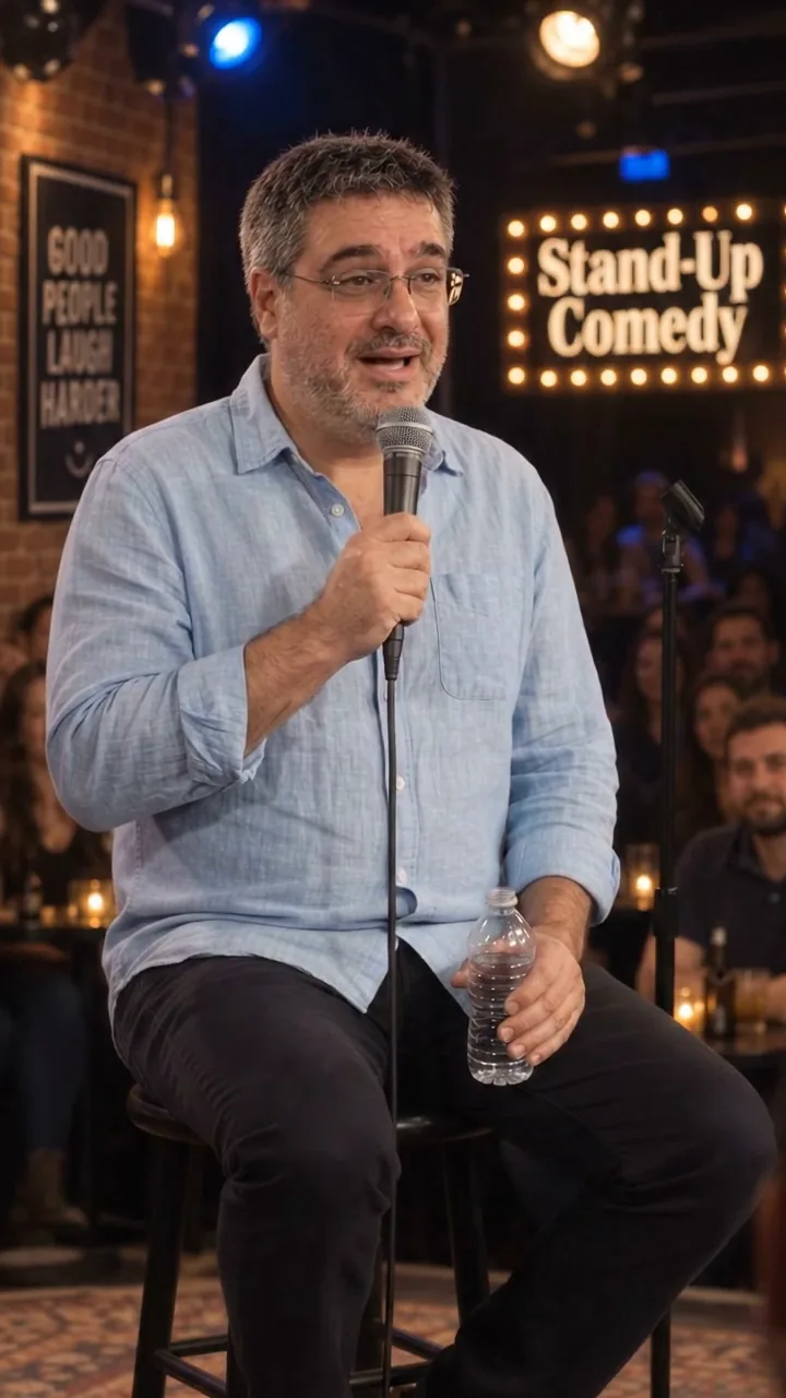 The stand-up comedian on a warm club stage with a microphone